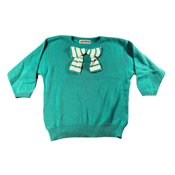 VTG Worthington Sweater 18 Green 3/4 Dolman Sl Stripe Bow Cozy Knit Cute - Picture 1 of 3